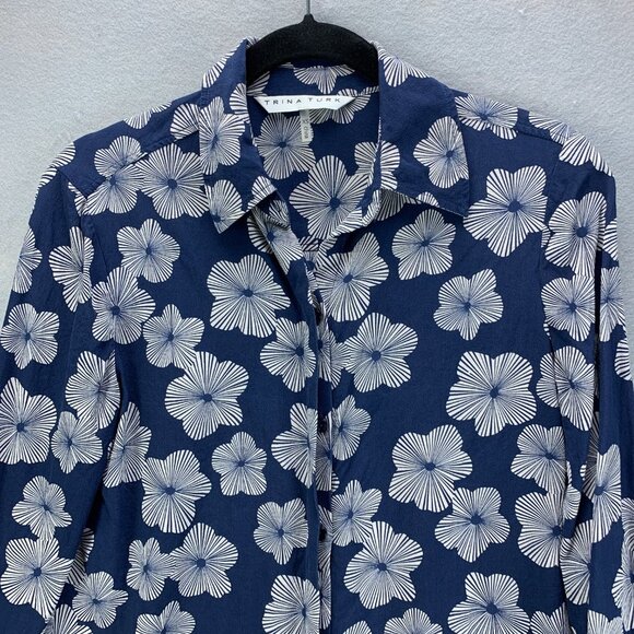 Trina Turk Blouse Womens Extra Small Blue Silk Button Up Long Sleeve Woven - Picture 2 of 16